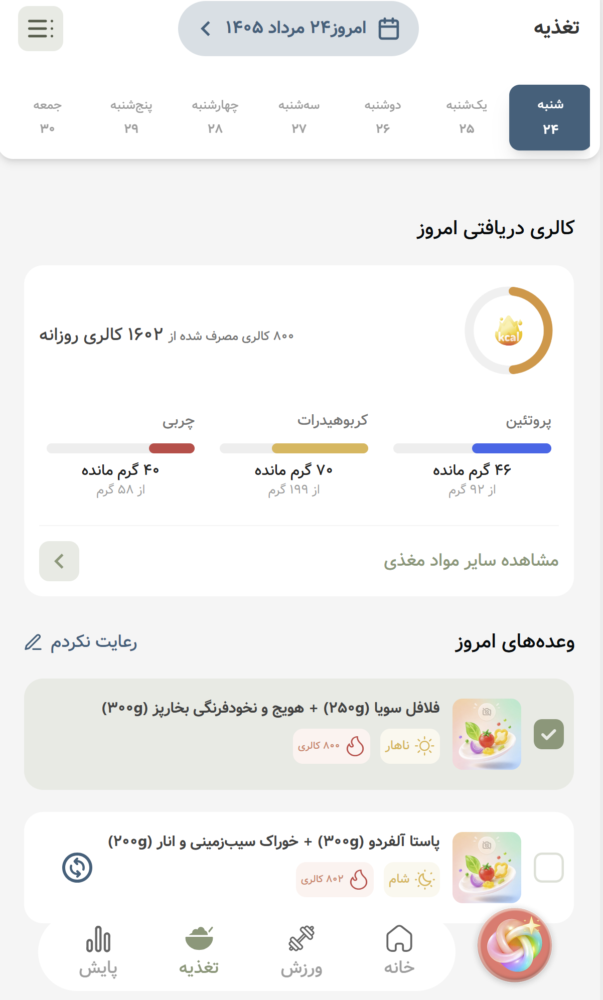 صفحه تغذیه ویتا با کالری دریافتی روزانه، درشت‌مغذی‌ها و وعده‌های امروز